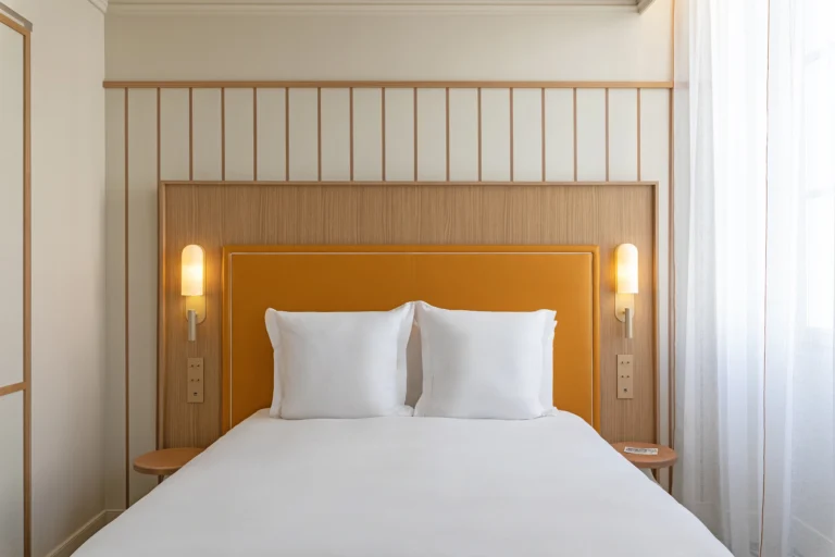 Chambre d’hôtel minimaliste avec tête de lit en bois et éclairage intégré, photographie d’architecture intérieure – Grand Hôtel Beauvau MGallery Marseille