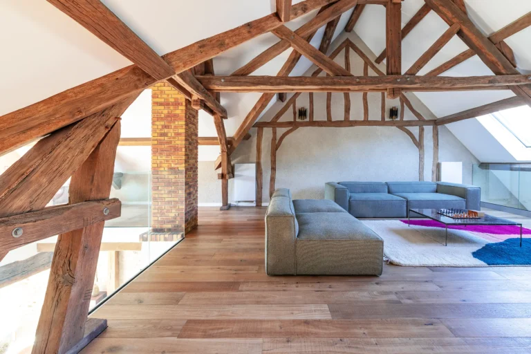 photographie architecture interieure maison luxe fontainebleau etage ouvert double hauteur grand salon lumineux charpentes apparentes armando garcia