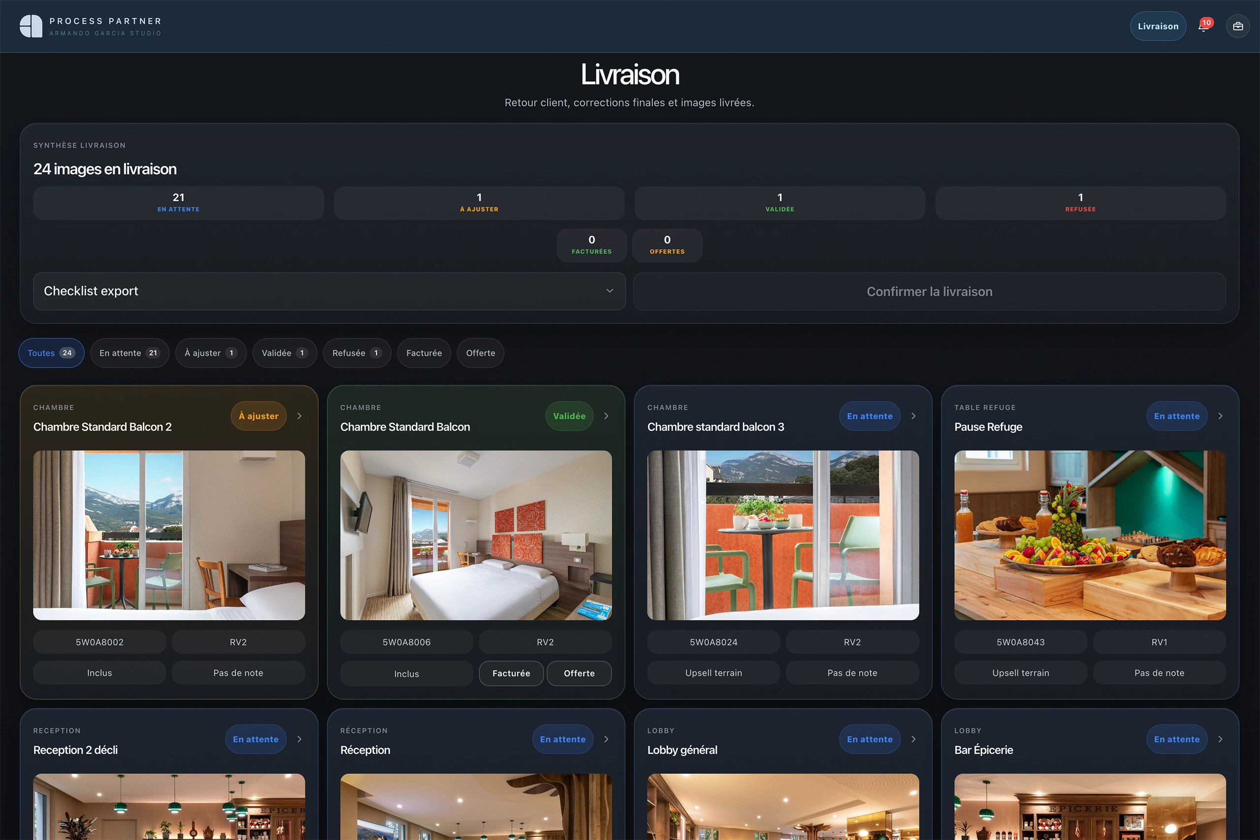 Interface Process Partner — livraison finale des visuels retouchés