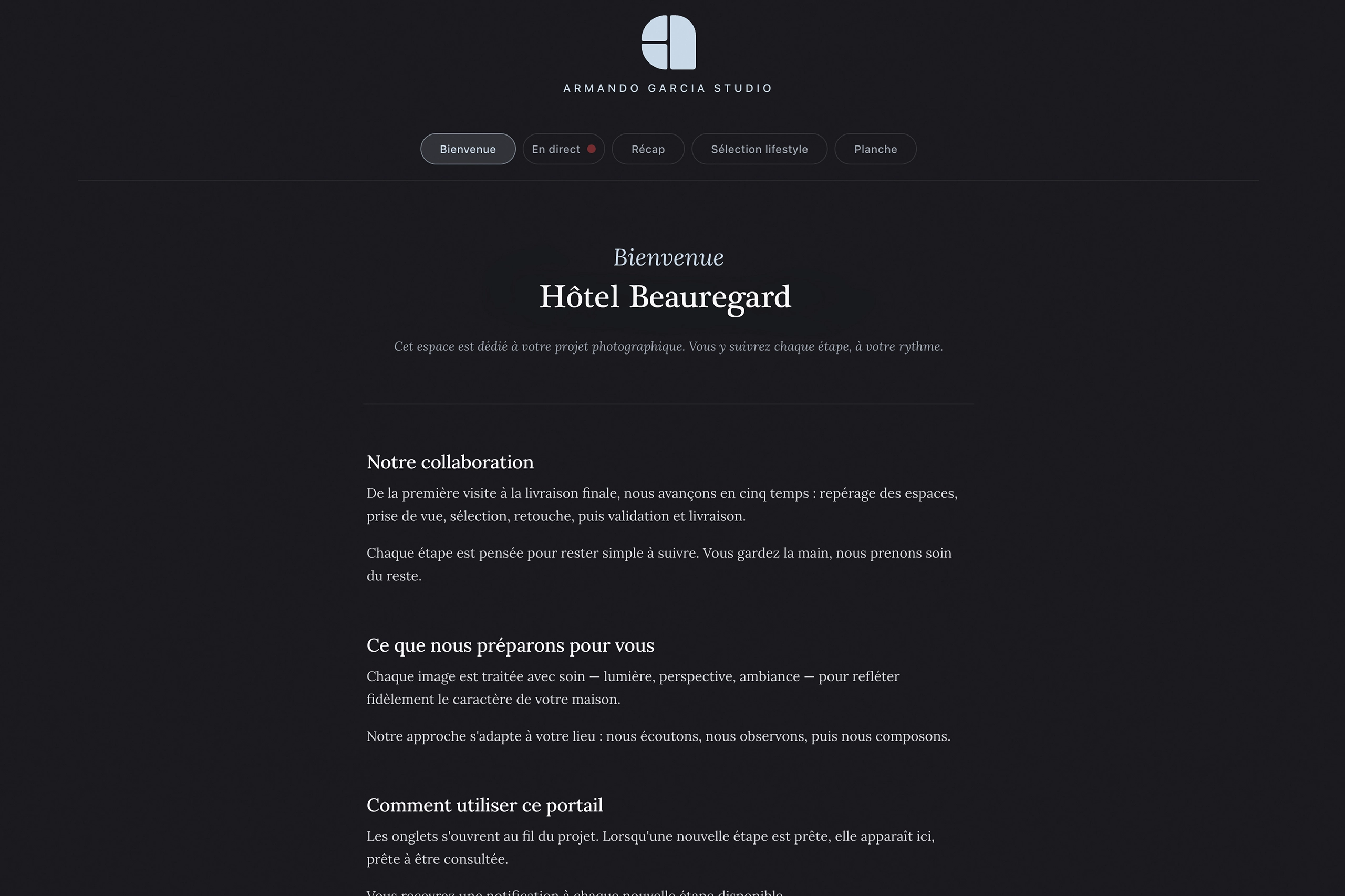 Interface Process Partner — portail privé de suivi de projet photo
