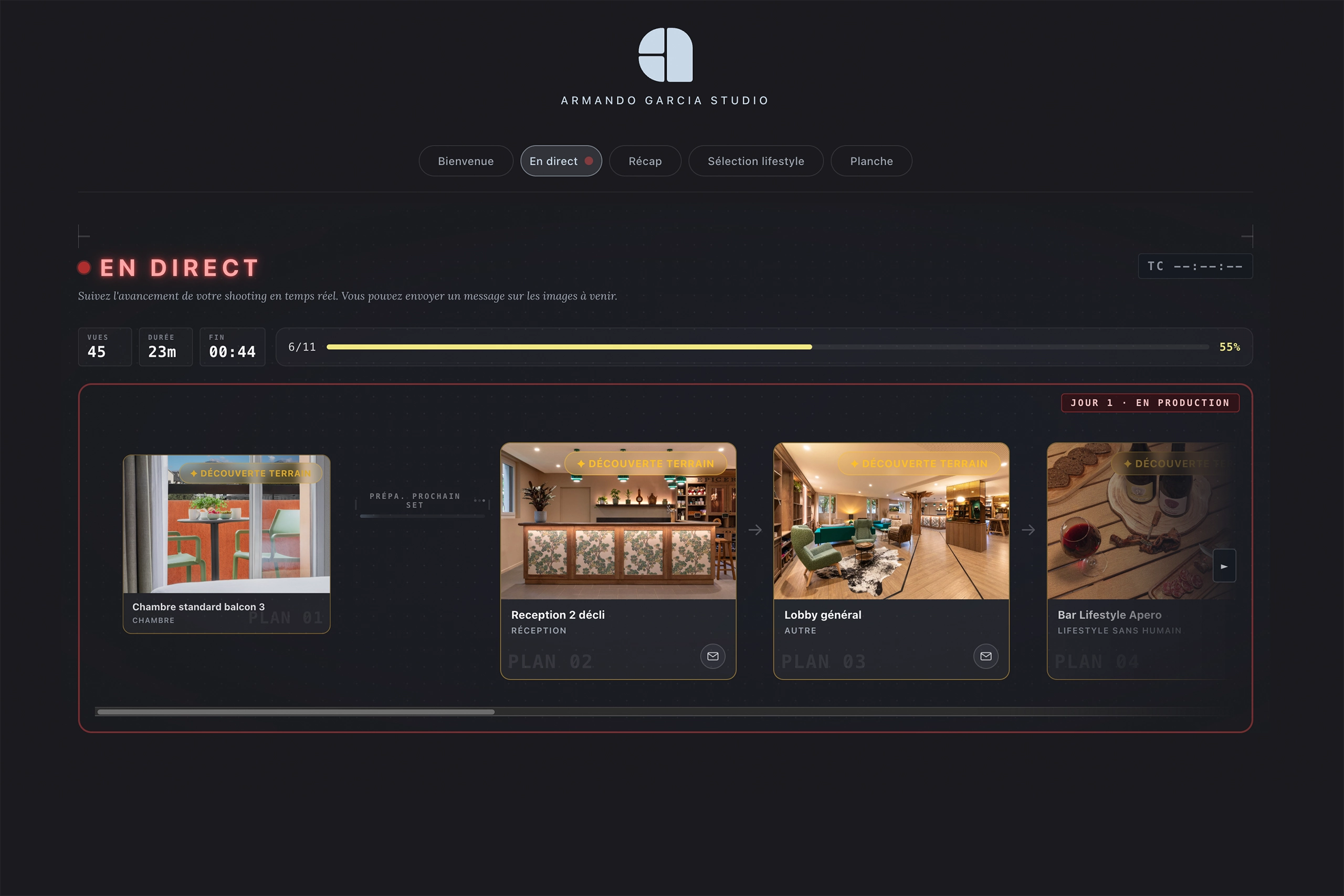 Interface Process Partner — suivi de production en direct pendant les prises de vues